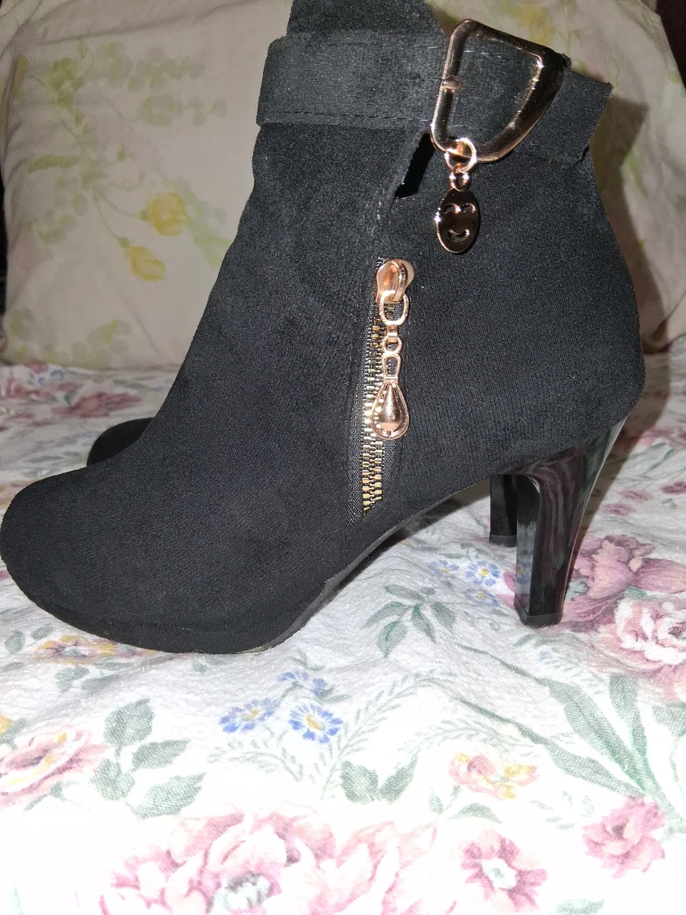 Women's Black Suede Ankle Boots with Gold Accent - Picture 3 of 9